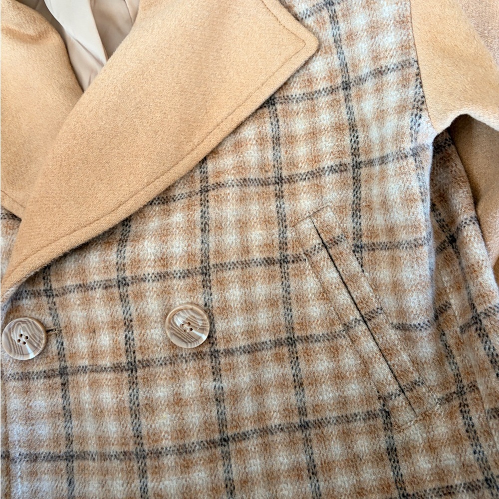 Rachel Parcell Tan Almond Plaid Double Breasted Faux Fur Collar Coat Size XS EUC - Picture 5 of 6